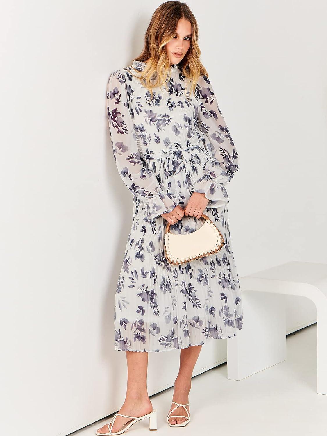 imageANRABESS Womens Floral Chiffon Midi Dress Puff Long Sleeve Mock Neck Summer Wedding Guest Party Dresses Fall 2025 OutfitsLeaf White