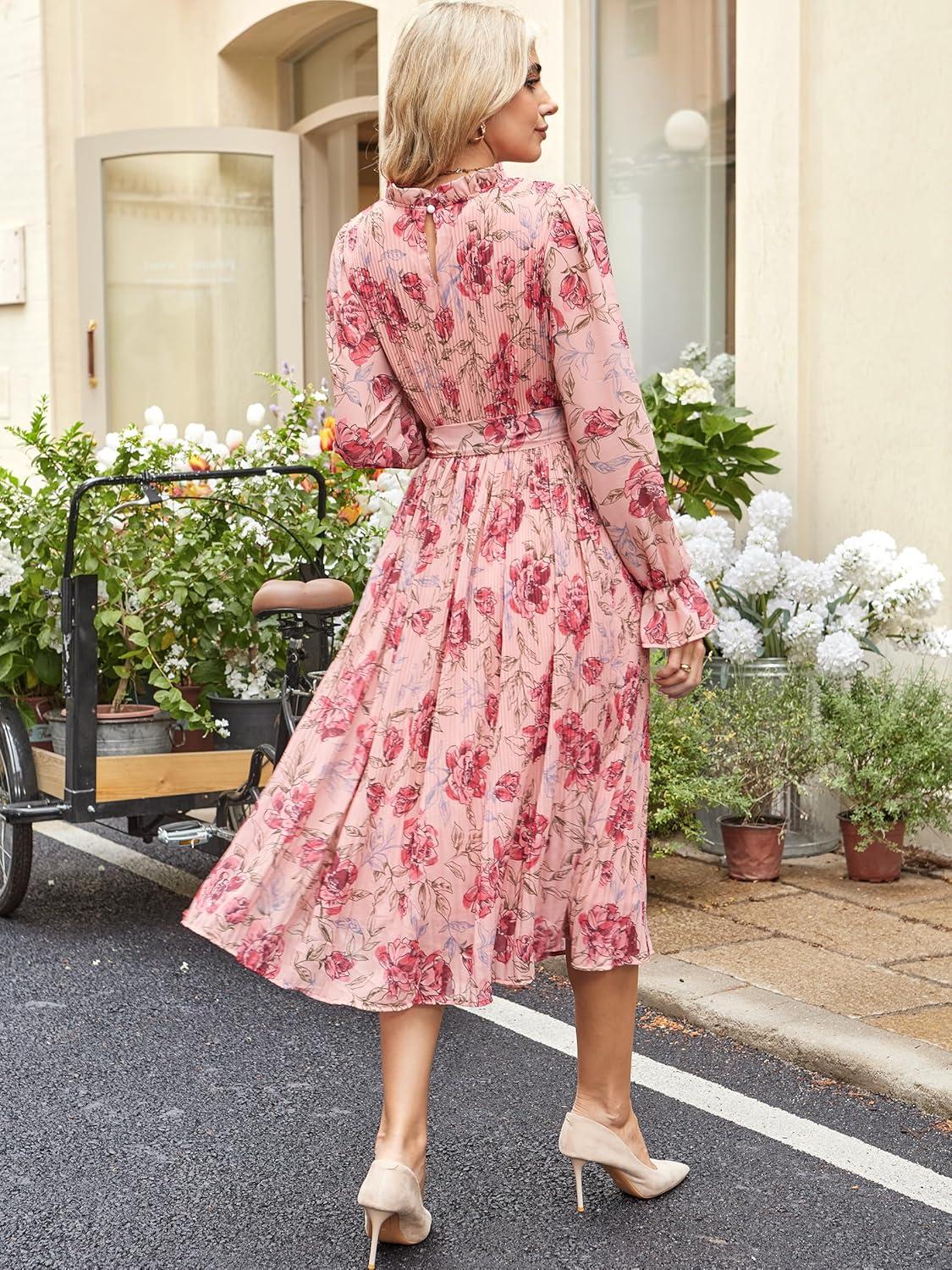imageANRABESS Womens Floral Chiffon Midi Dress Puff Long Sleeve Mock Neck Summer Wedding Guest Party Dresses Fall 2025 OutfitsPink Red Rose