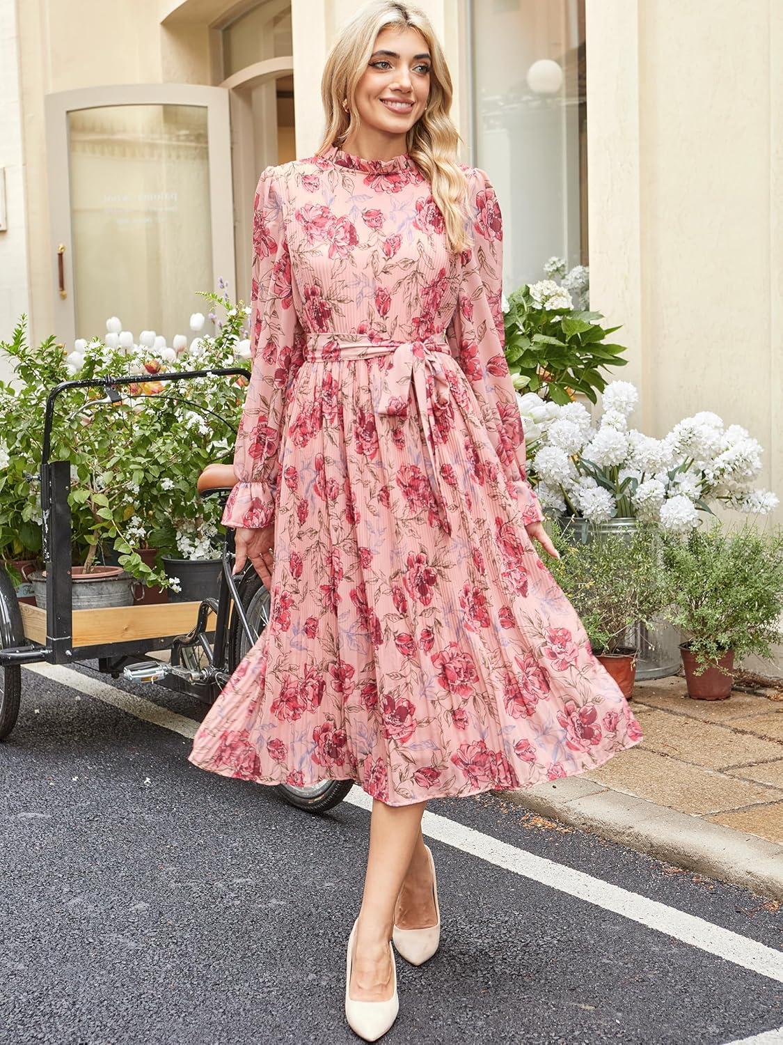 imageANRABESS Womens Floral Chiffon Midi Dress Puff Long Sleeve Mock Neck Summer Wedding Guest Party Dresses Fall 2025 OutfitsPink Red Rose