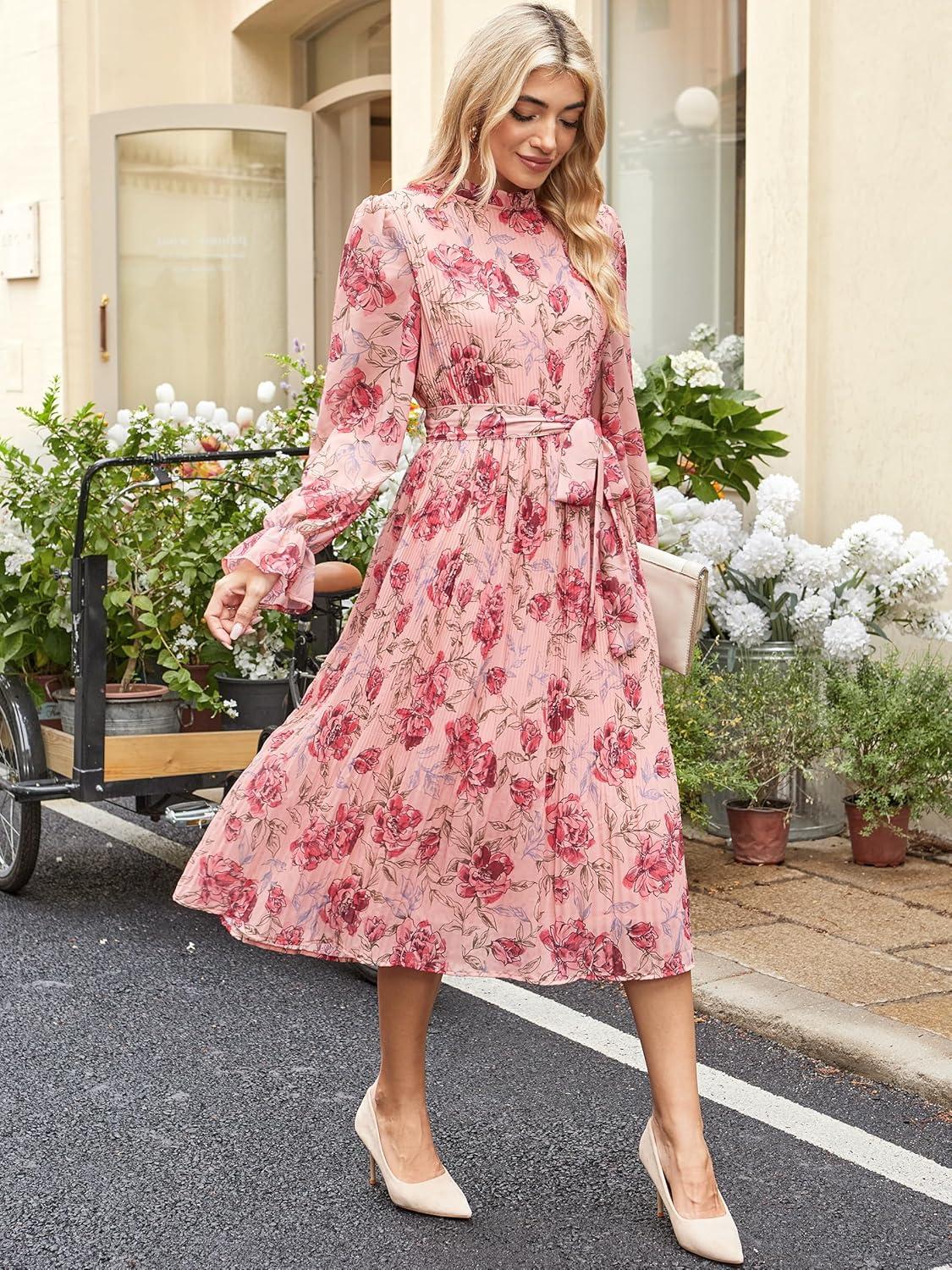imageANRABESS Womens Floral Chiffon Midi Dress Puff Long Sleeve Mock Neck Summer Wedding Guest Party Dresses Fall 2025 OutfitsPink Red Rose