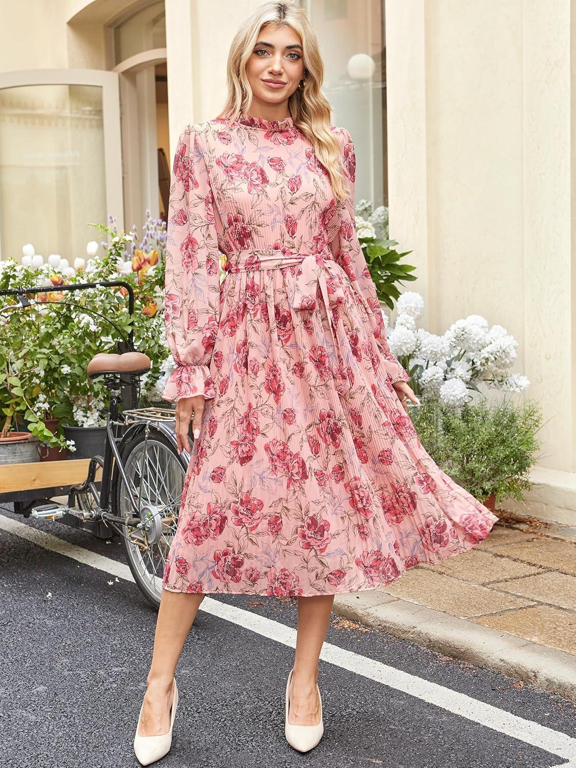 imageANRABESS Womens Floral Chiffon Midi Dress Puff Long Sleeve Mock Neck Summer Wedding Guest Party Dresses Fall 2025 OutfitsPink Red Rose