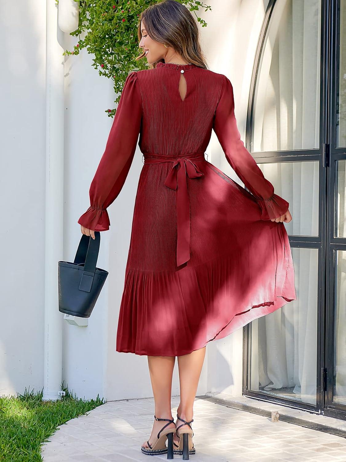 imageANRABESS Womens Floral Chiffon Midi Dress Puff Long Sleeve Mock Neck Summer Wedding Guest Party Dresses Fall 2025 OutfitsRed