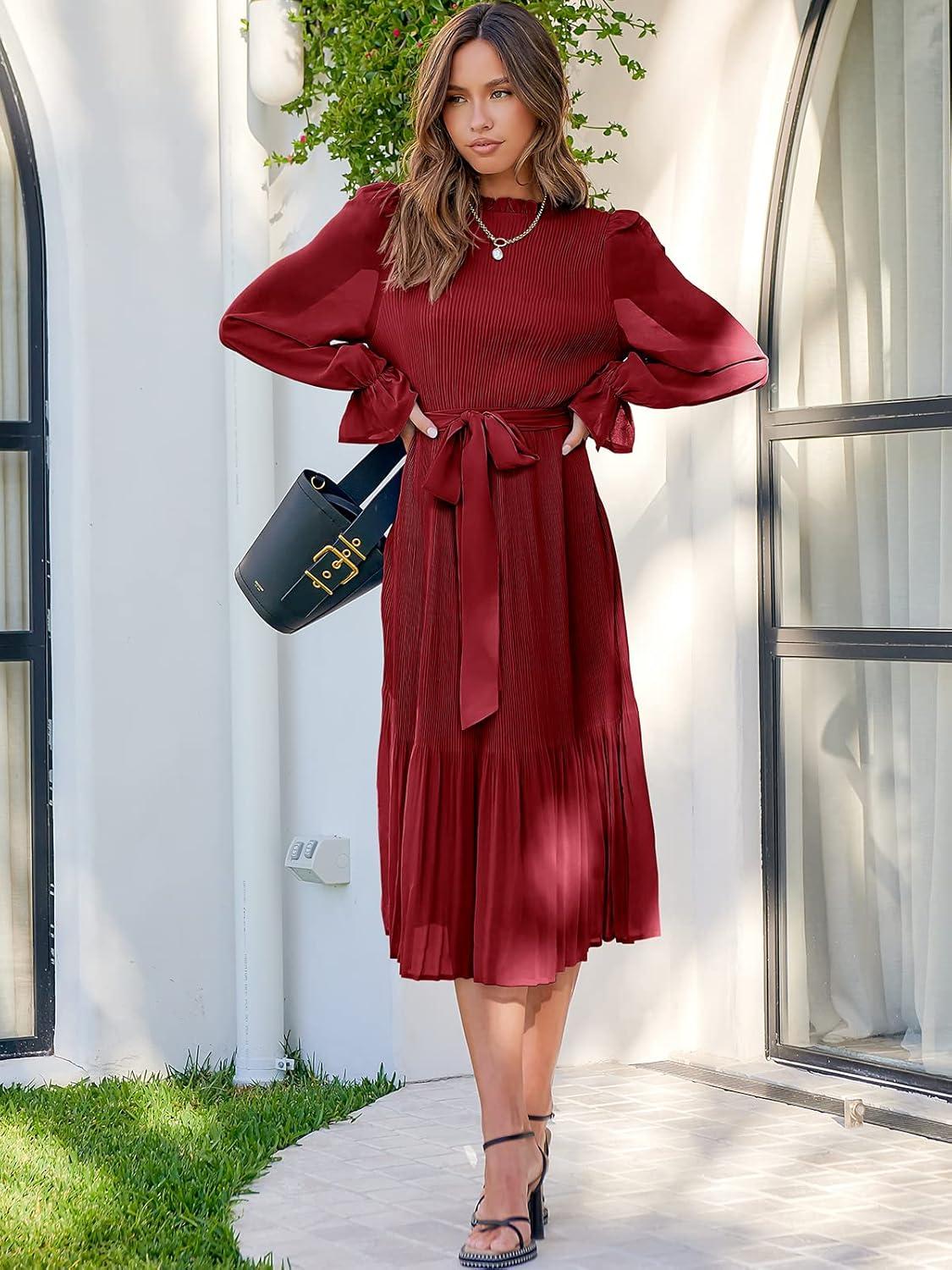 imageANRABESS Womens Floral Chiffon Midi Dress Puff Long Sleeve Mock Neck Summer Wedding Guest Party Dresses Fall 2025 OutfitsRed