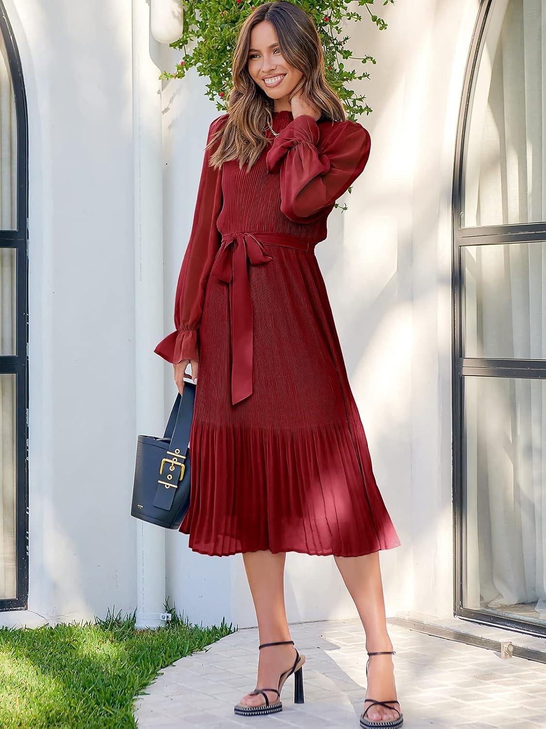 imageANRABESS Womens Floral Chiffon Midi Dress Puff Long Sleeve Mock Neck Summer Wedding Guest Party Dresses Fall 2025 OutfitsRed