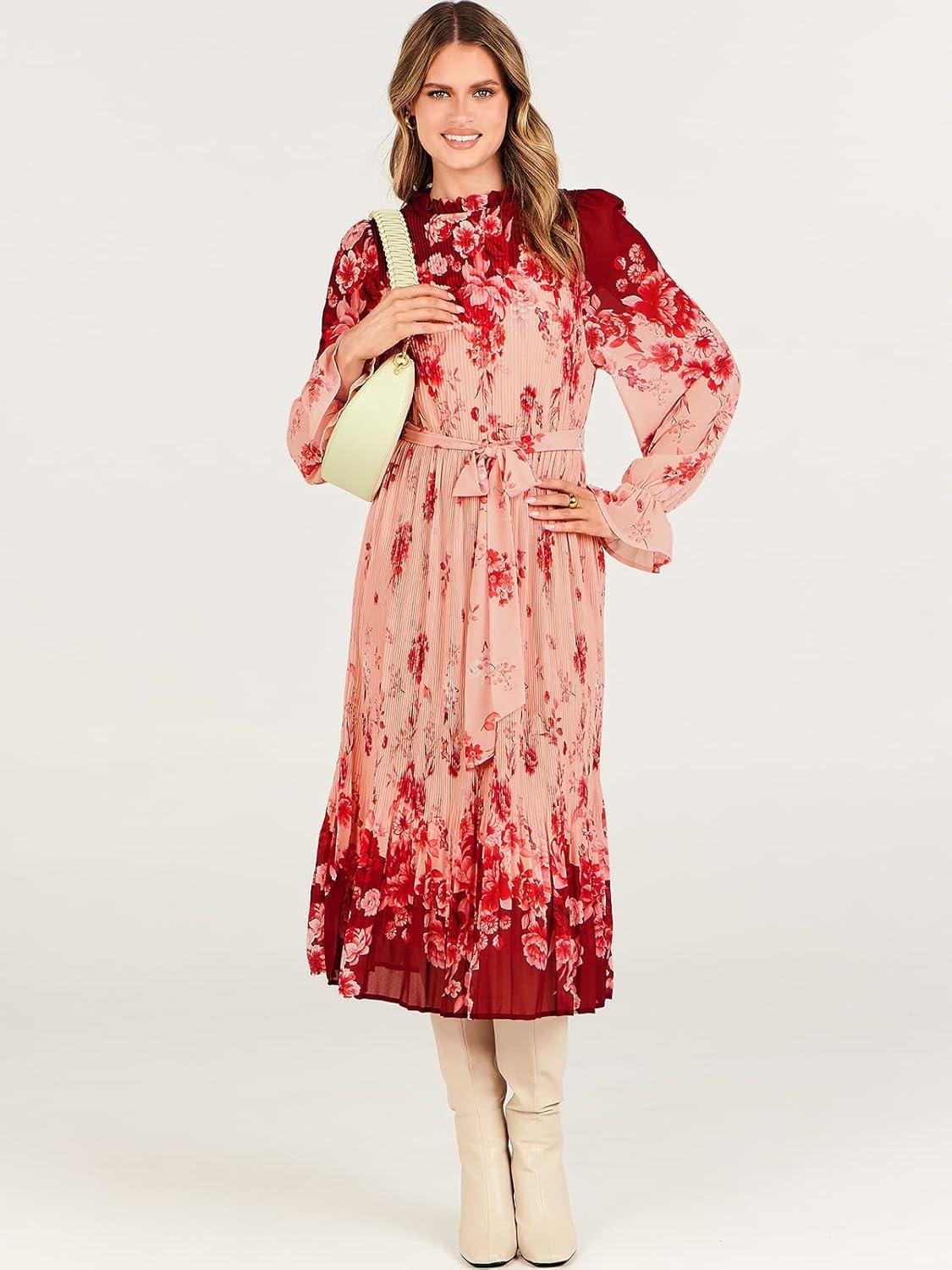 imageANRABESS Womens Floral Chiffon Midi Dress Puff Long Sleeve Mock Neck Summer Wedding Guest Party Dresses Fall 2025 OutfitsRose Pink