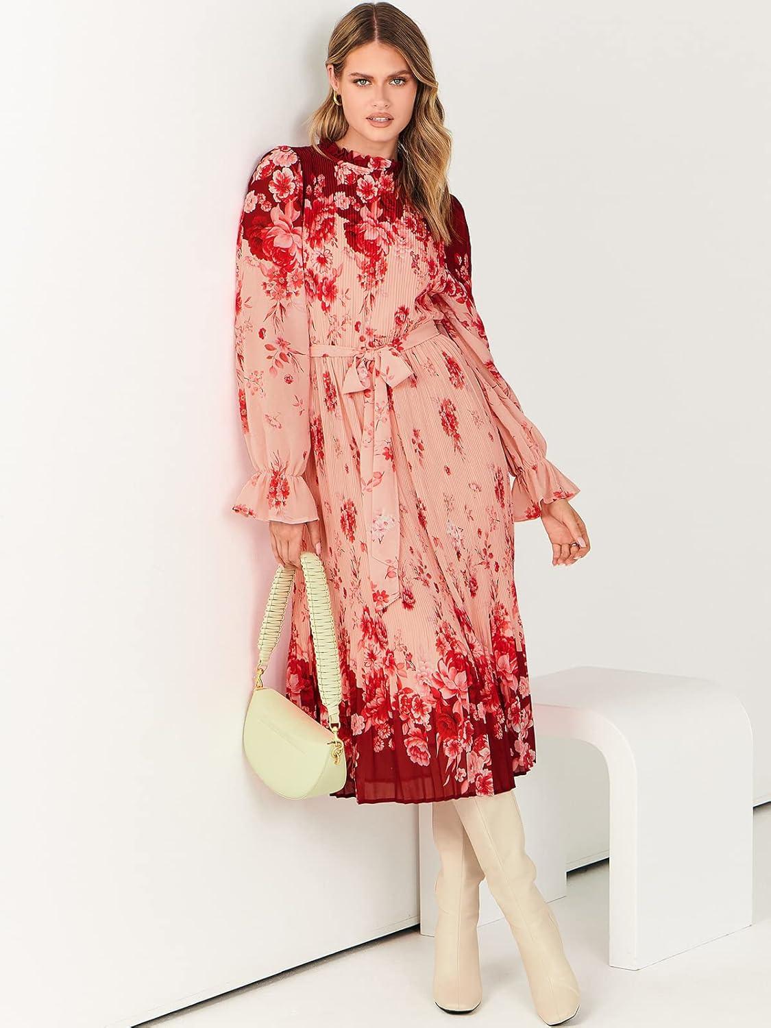 imageANRABESS Womens Floral Chiffon Midi Dress Puff Long Sleeve Mock Neck Summer Wedding Guest Party Dresses Fall 2025 OutfitsRose Pink