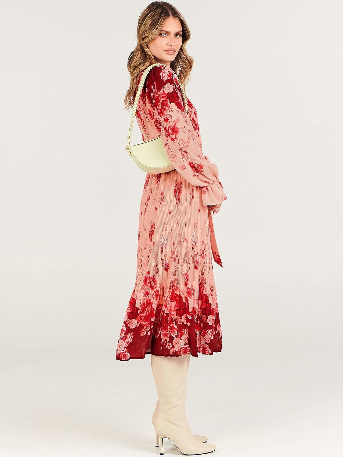 imageANRABESS Womens Floral Chiffon Midi Dress Puff Long Sleeve Mock Neck Summer Wedding Guest Party Dresses Fall 2025 OutfitsRose Pink