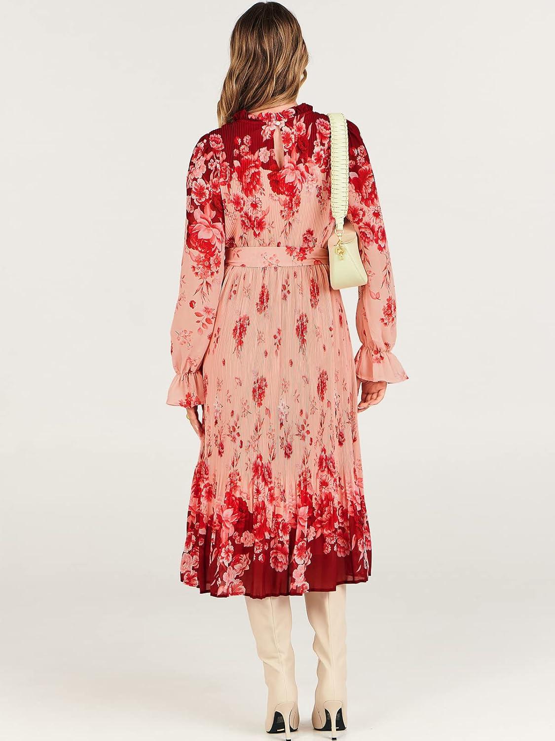 imageANRABESS Womens Floral Chiffon Midi Dress Puff Long Sleeve Mock Neck Summer Wedding Guest Party Dresses Fall 2025 OutfitsRose Pink