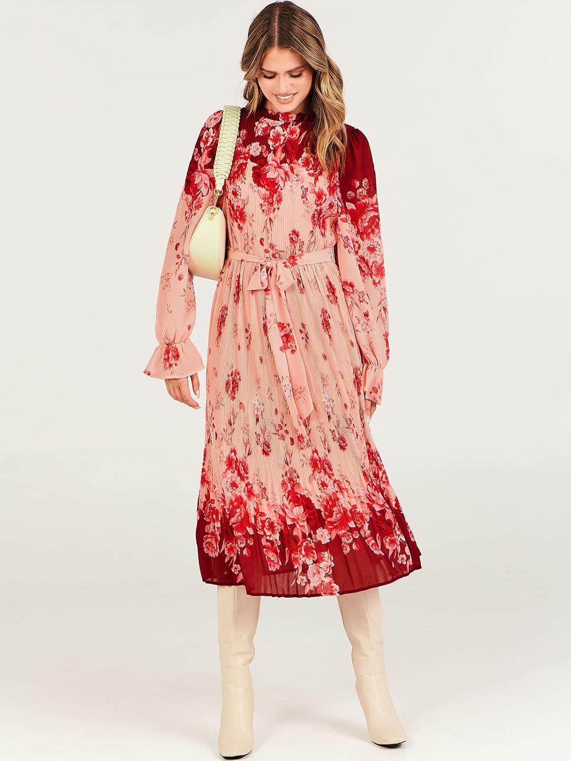 imageANRABESS Womens Floral Chiffon Midi Dress Puff Long Sleeve Mock Neck Summer Wedding Guest Party Dresses Fall 2025 OutfitsRose Pink