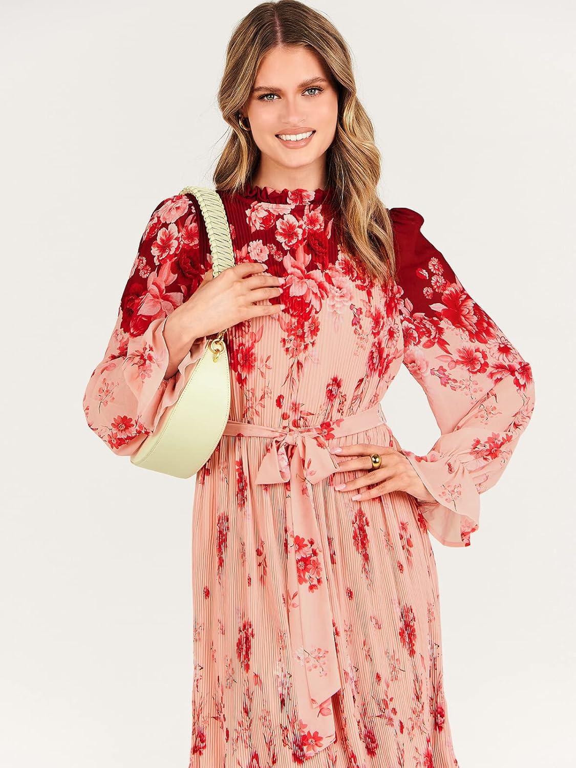 imageANRABESS Womens Floral Chiffon Midi Dress Puff Long Sleeve Mock Neck Summer Wedding Guest Party Dresses Fall 2025 OutfitsRose Pink
