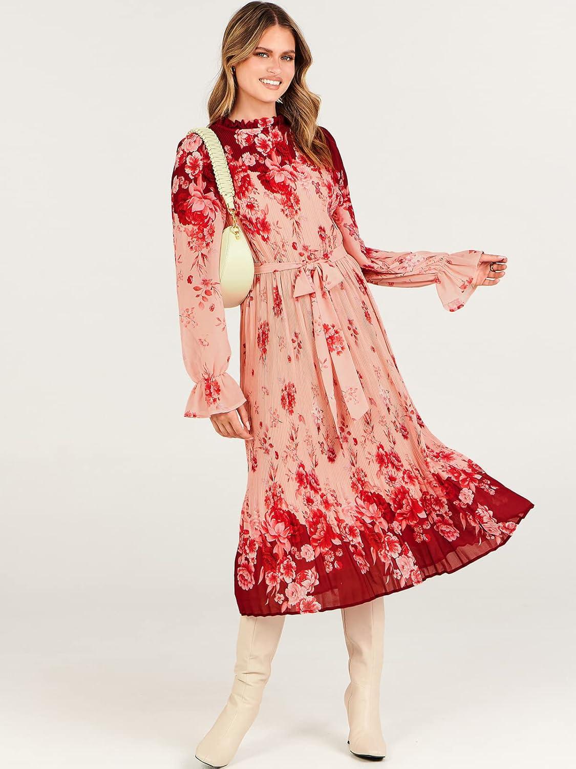 imageANRABESS Womens Floral Chiffon Midi Dress Puff Long Sleeve Mock Neck Summer Wedding Guest Party Dresses Fall 2025 OutfitsRose Pink