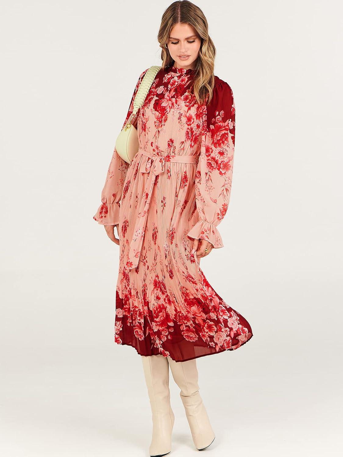 imageANRABESS Womens Floral Chiffon Midi Dress Puff Long Sleeve Mock Neck Summer Wedding Guest Party Dresses Fall 2025 OutfitsRose Pink