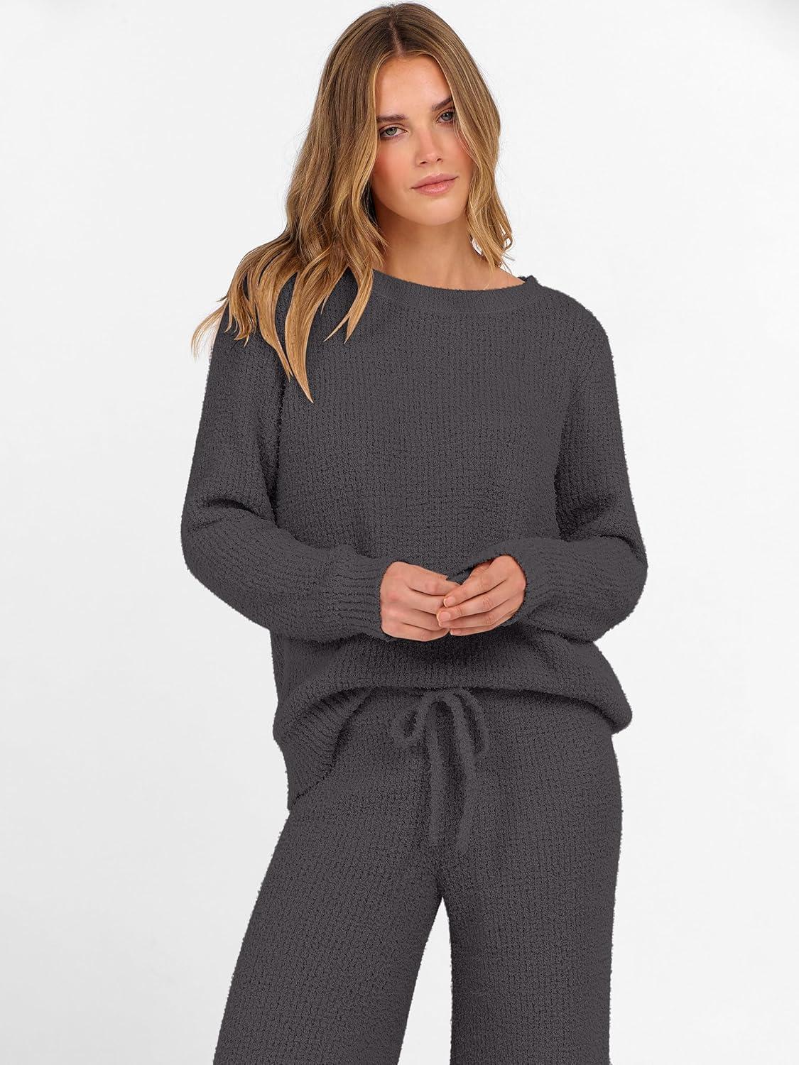 imageANRABESS Womens Fuzzy Fleece Lounge Pajama Set 2 Piece Outfits Long Sleeve Top Sweater Pants Loungewear Pj Sets 2025 FallDeep Gray