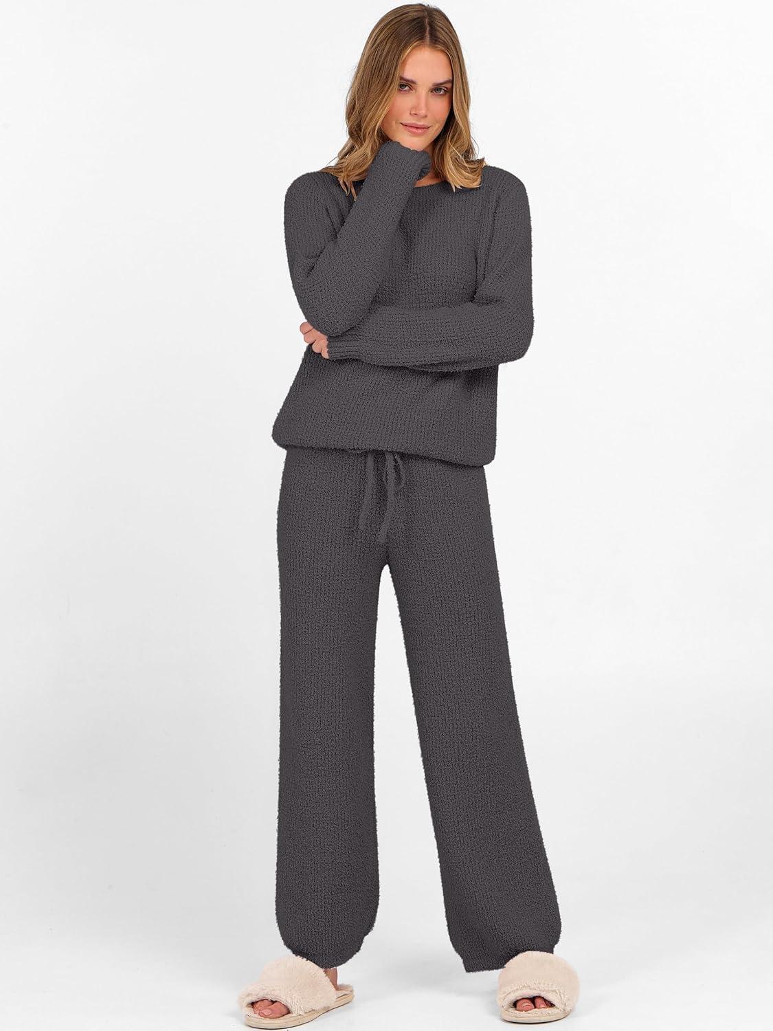 imageANRABESS Womens Fuzzy Fleece Lounge Pajama Set 2 Piece Outfits Long Sleeve Top Sweater Pants Loungewear Pj Sets 2025 FallDeep Gray