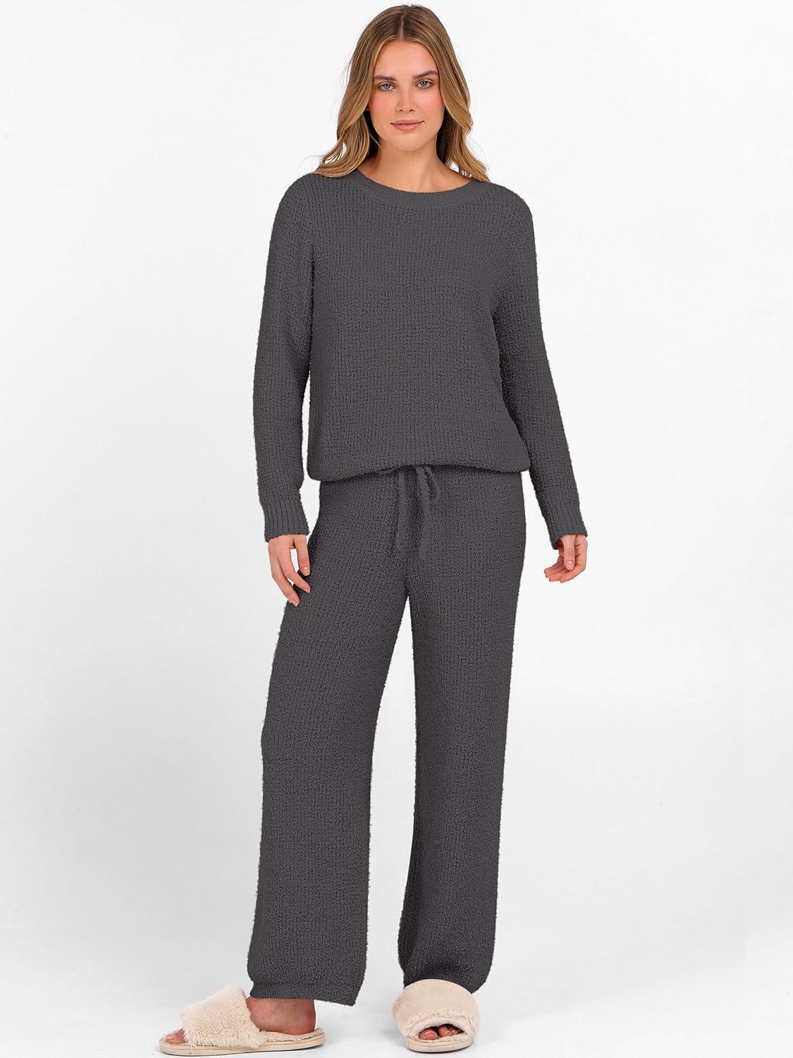 imageANRABESS Womens Fuzzy Fleece Lounge Pajama Set 2 Piece Outfits Long Sleeve Top Sweater Pants Loungewear Pj Sets 2025 FallDeep Gray