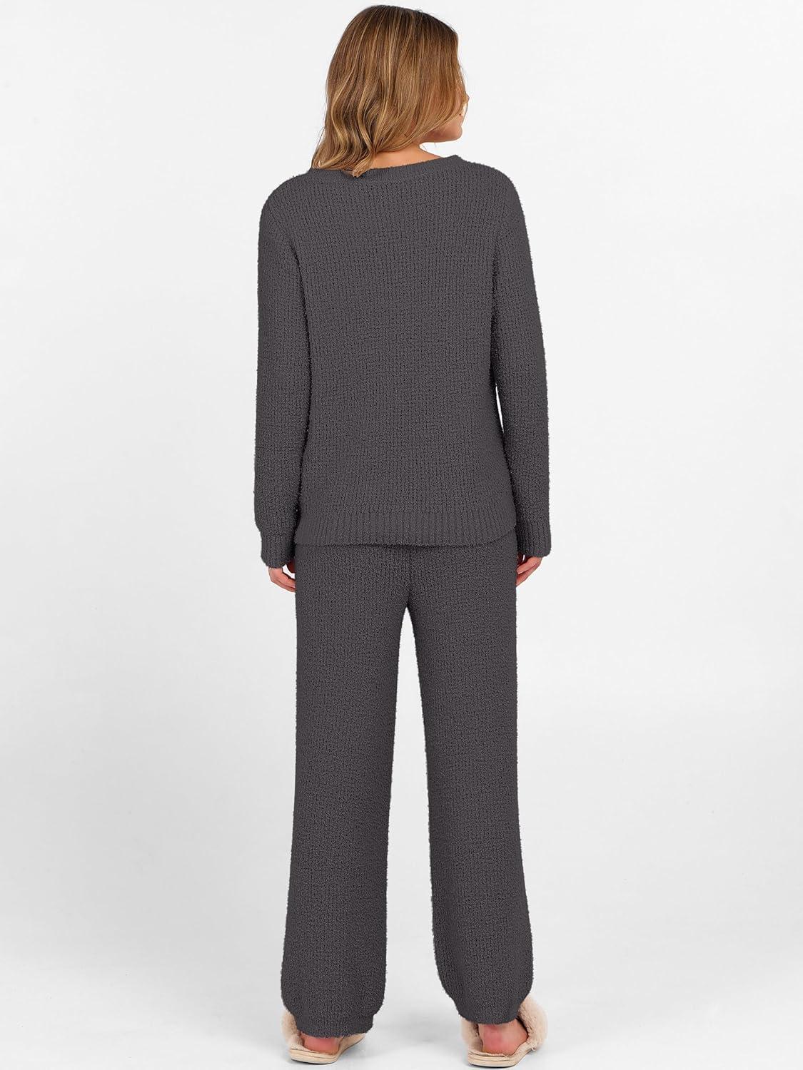 imageANRABESS Womens Fuzzy Fleece Lounge Pajama Set 2 Piece Outfits Long Sleeve Top Sweater Pants Loungewear Pj Sets 2025 FallDeep Gray