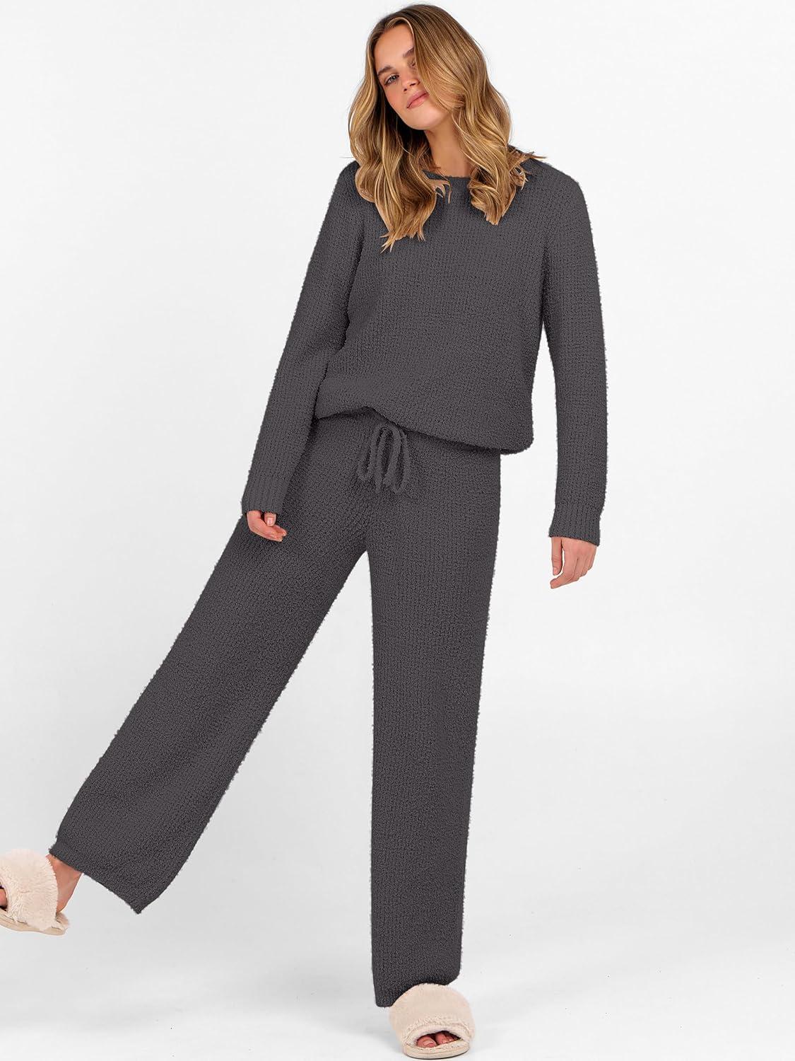 imageANRABESS Womens Fuzzy Fleece Lounge Pajama Set 2 Piece Outfits Long Sleeve Top Sweater Pants Loungewear Pj Sets 2025 FallDeep Gray