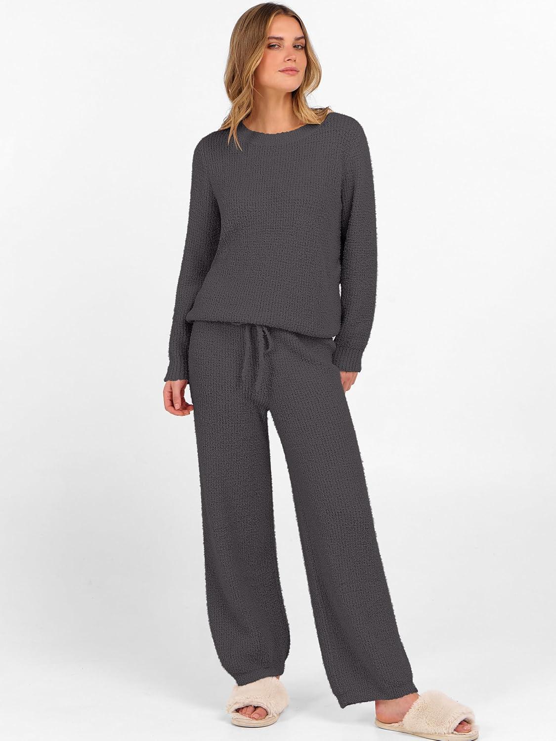 imageANRABESS Womens Fuzzy Fleece Lounge Pajama Set 2 Piece Outfits Long Sleeve Top Sweater Pants Loungewear Pj Sets 2025 FallDeep Gray