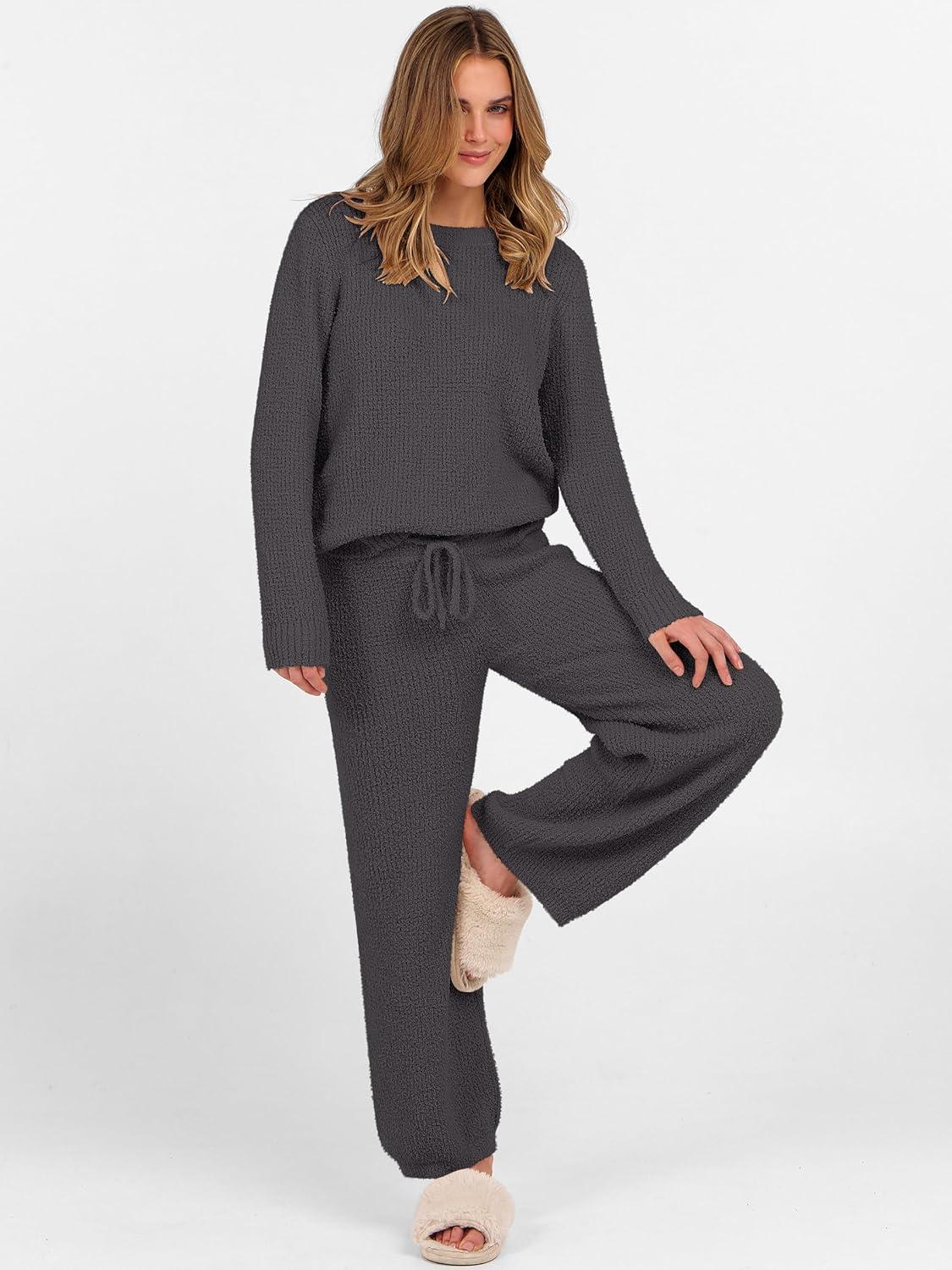 imageANRABESS Womens Fuzzy Fleece Lounge Pajama Set 2 Piece Outfits Long Sleeve Top Sweater Pants Loungewear Pj Sets 2025 FallDeep Gray