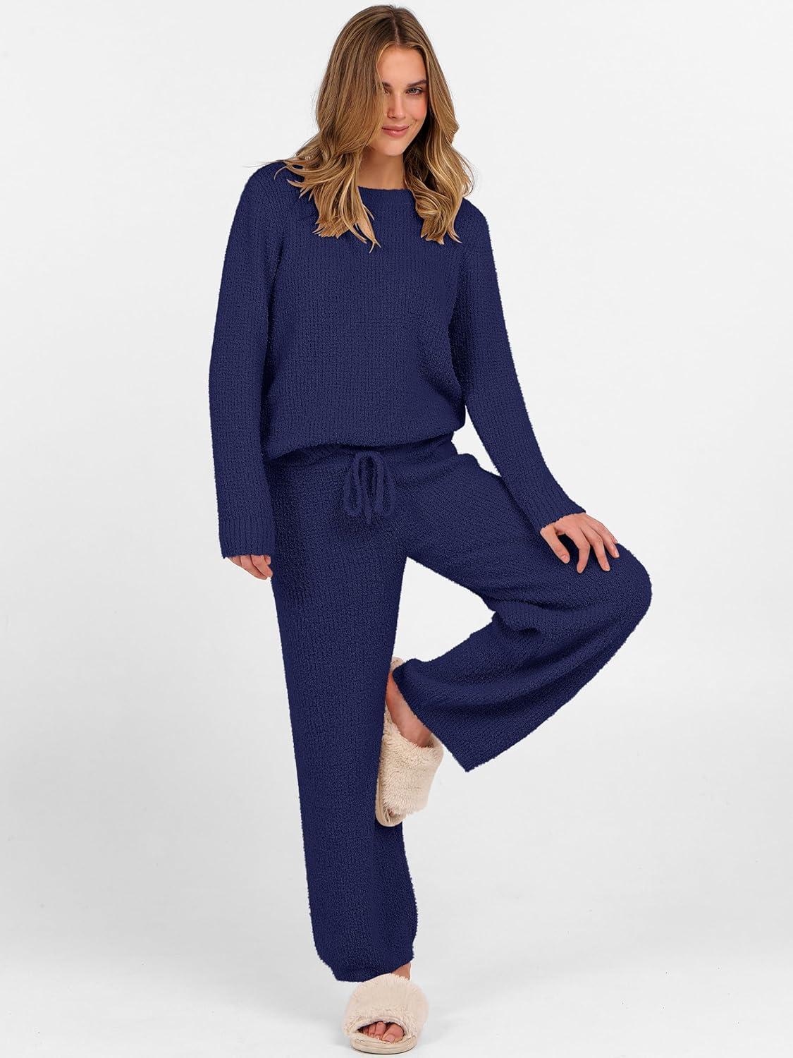 imageANRABESS Womens Fuzzy Fleece Lounge Pajama Set 2 Piece Outfits Long Sleeve Top Sweater Pants Loungewear Pj Sets 2025 FallNavy Blue