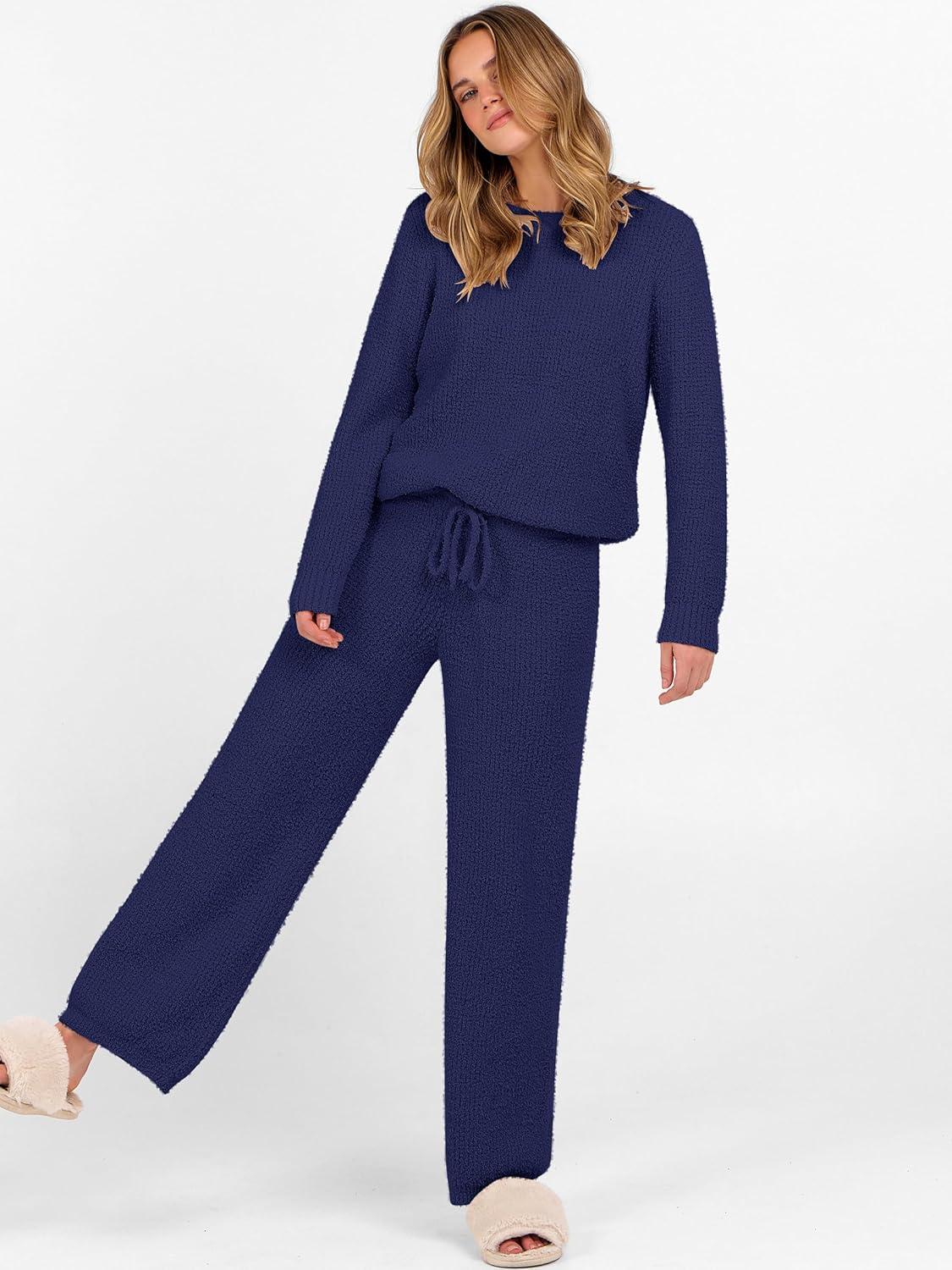 imageANRABESS Womens Fuzzy Fleece Lounge Pajama Set 2 Piece Outfits Long Sleeve Top Sweater Pants Loungewear Pj Sets 2025 FallNavy Blue