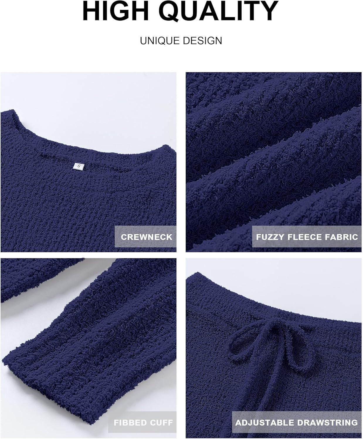 imageANRABESS Womens Fuzzy Fleece Lounge Pajama Set 2 Piece Outfits Long Sleeve Top Sweater Pants Loungewear Pj Sets 2025 FallNavy Blue