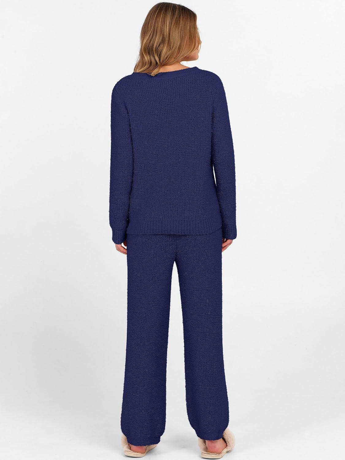imageANRABESS Womens Fuzzy Fleece Lounge Pajama Set 2 Piece Outfits Long Sleeve Top Sweater Pants Loungewear Pj Sets 2025 FallNavy Blue