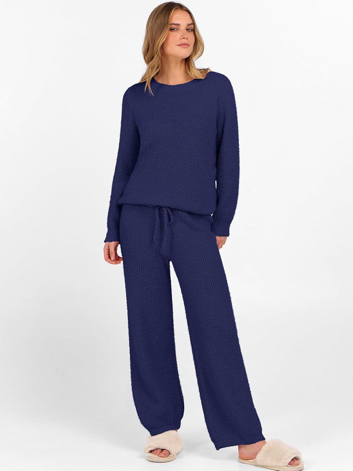 imageANRABESS Womens Fuzzy Fleece Lounge Pajama Set 2 Piece Outfits Long Sleeve Top Sweater Pants Loungewear Pj Sets 2025 FallNavy Blue