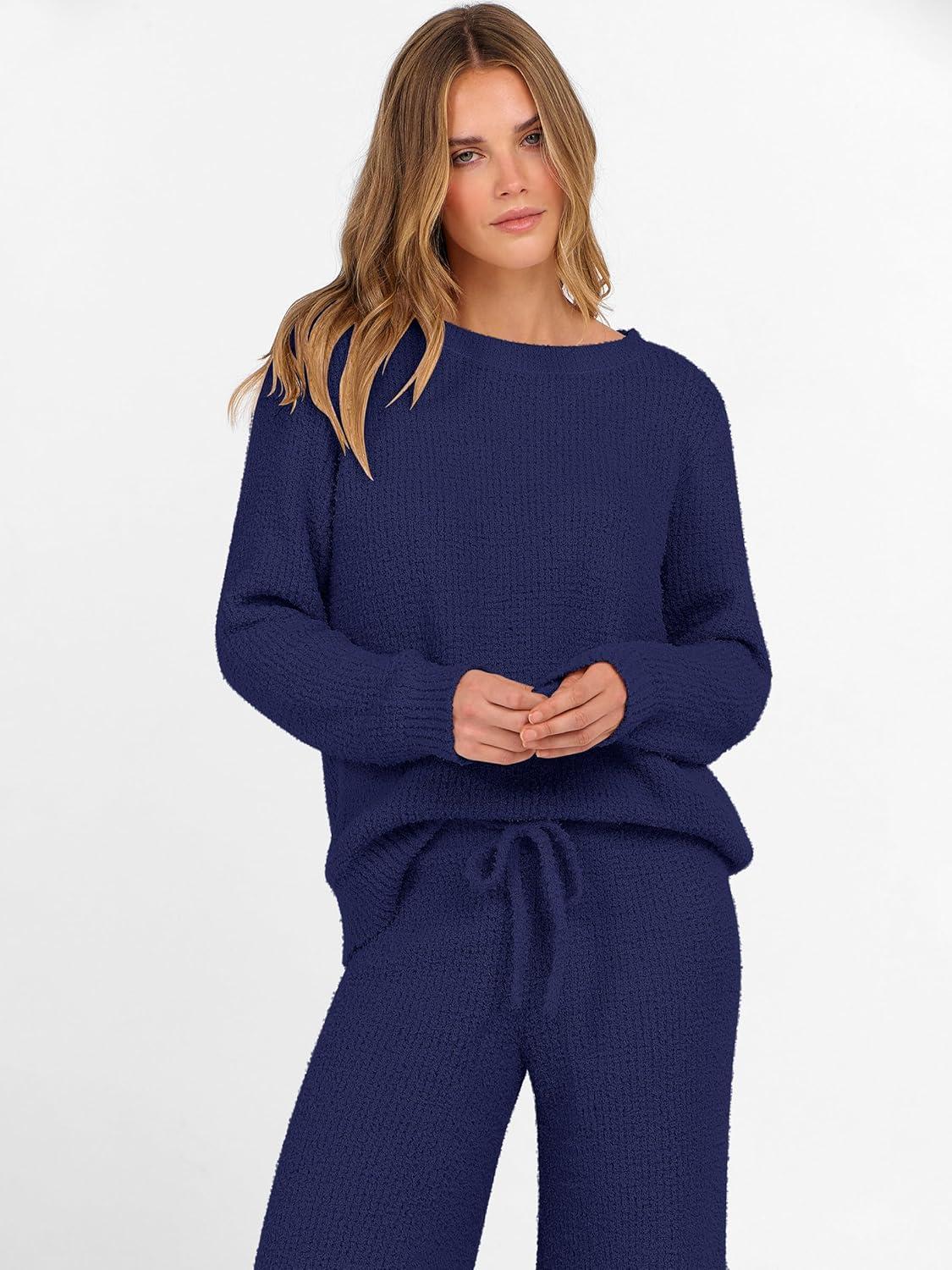 imageANRABESS Womens Fuzzy Fleece Lounge Pajama Set 2 Piece Outfits Long Sleeve Top Sweater Pants Loungewear Pj Sets 2025 FallNavy Blue