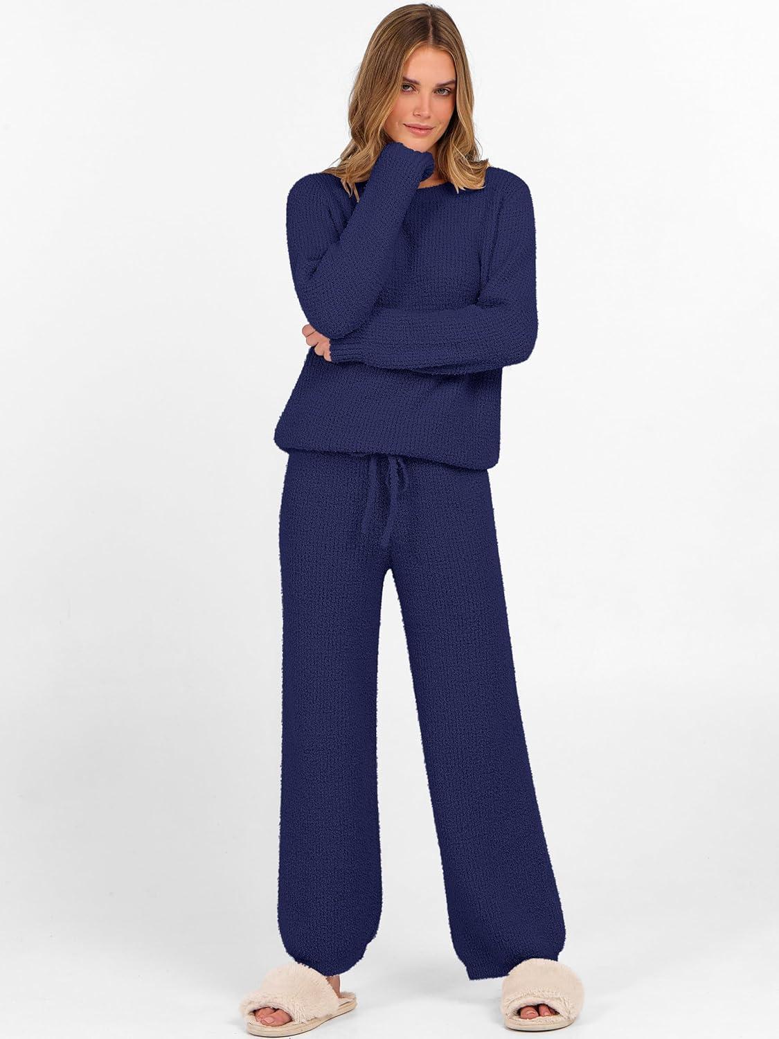 imageANRABESS Womens Fuzzy Fleece Lounge Pajama Set 2 Piece Outfits Long Sleeve Top Sweater Pants Loungewear Pj Sets 2025 FallNavy Blue