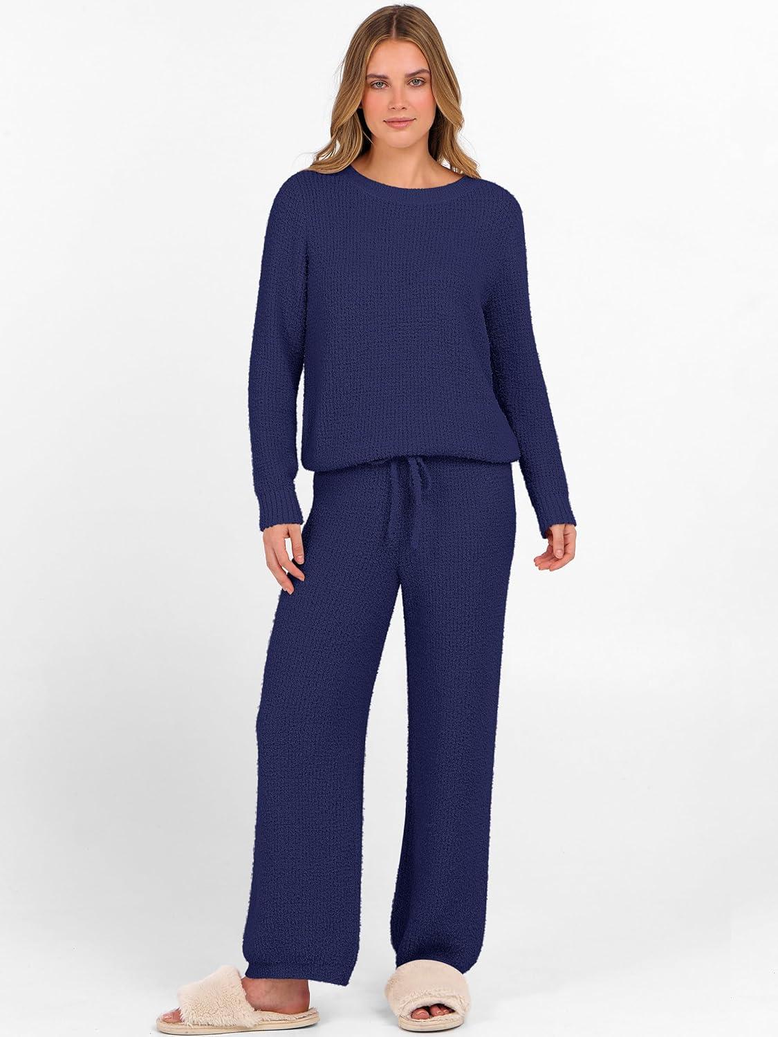 imageANRABESS Womens Fuzzy Fleece Lounge Pajama Set 2 Piece Outfits Long Sleeve Top Sweater Pants Loungewear Pj Sets 2025 FallNavy Blue