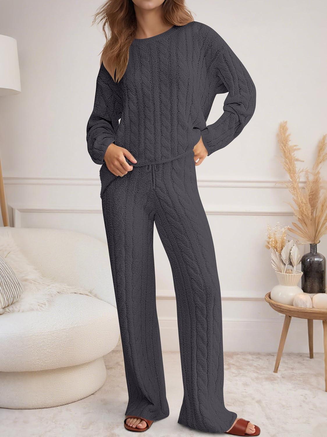 imageANRABESS Womens Fuzzy Fleece Pajama Set 2 Piece Outfits Lounge Knit Oversized Sweater Pj Sets 2025 Fall Winter LoungewearDeep Gray