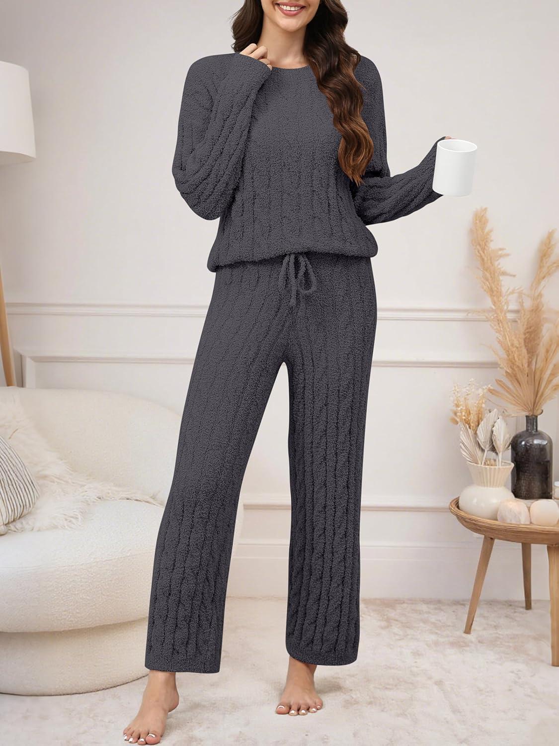 imageANRABESS Womens Fuzzy Fleece Pajama Set 2 Piece Outfits Lounge Knit Oversized Sweater Pj Sets 2025 Fall Winter LoungewearDeep Gray