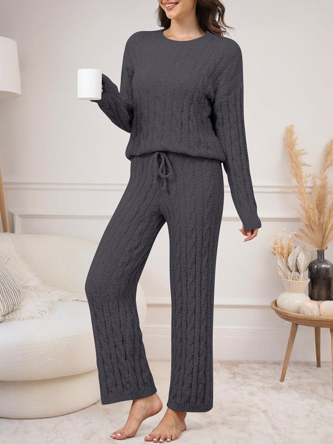 imageANRABESS Womens Fuzzy Fleece Pajama Set 2 Piece Outfits Lounge Knit Oversized Sweater Pj Sets 2025 Fall Winter LoungewearDeep Gray