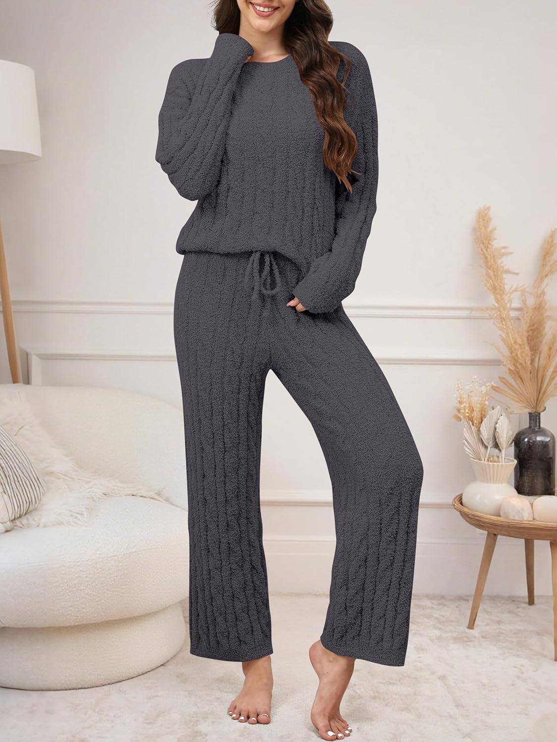 imageANRABESS Womens Fuzzy Fleece Pajama Set 2 Piece Outfits Lounge Knit Oversized Sweater Pj Sets 2025 Fall Winter LoungewearDeep Gray