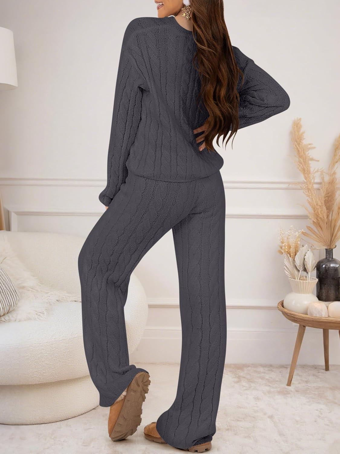 imageANRABESS Womens Fuzzy Fleece Pajama Set 2 Piece Outfits Lounge Knit Oversized Sweater Pj Sets 2025 Fall Winter LoungewearDeep Gray