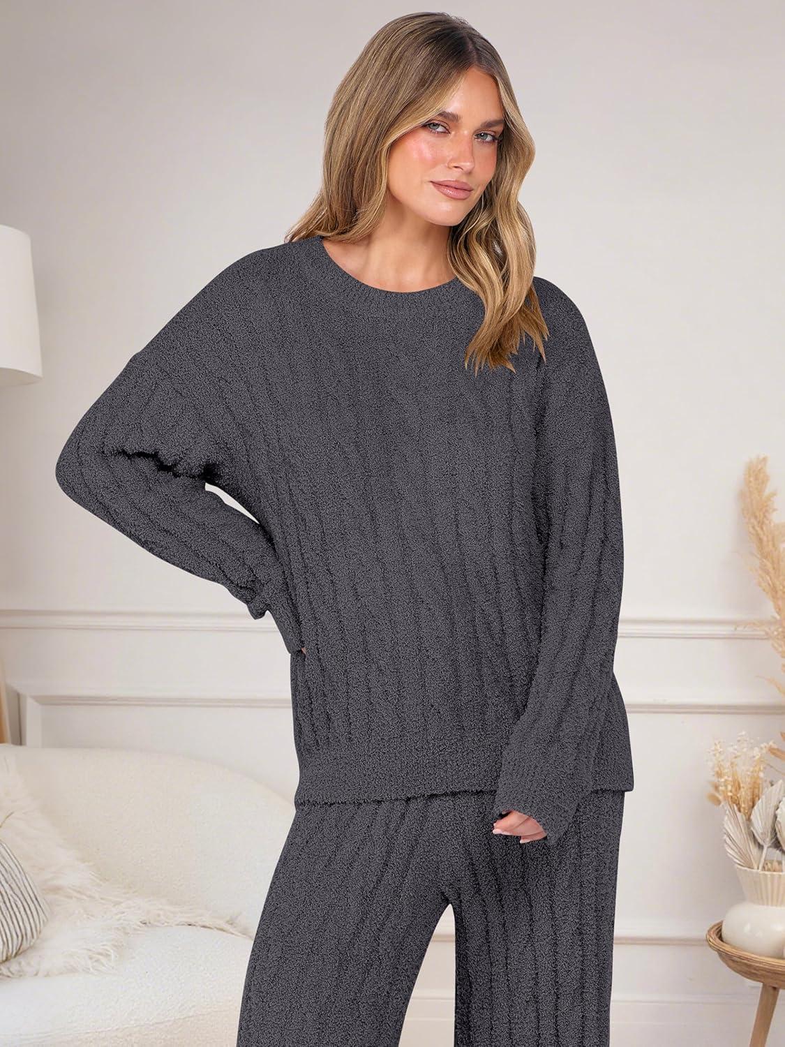 imageANRABESS Womens Fuzzy Fleece Pajama Set 2 Piece Outfits Lounge Knit Oversized Sweater Pj Sets 2025 Fall Winter LoungewearDeep Gray