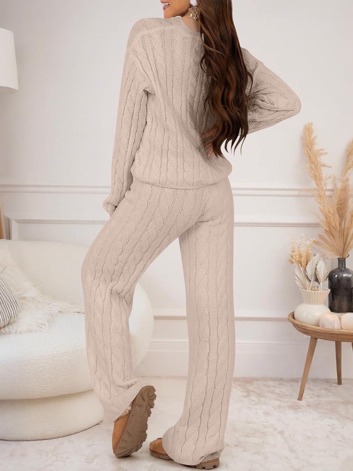 imageANRABESS Womens Fuzzy Fleece Pajama Set 2 Piece Outfits Lounge Knit Oversized Sweater Pj Sets 2025 Fall Winter LoungewearLight Khaki