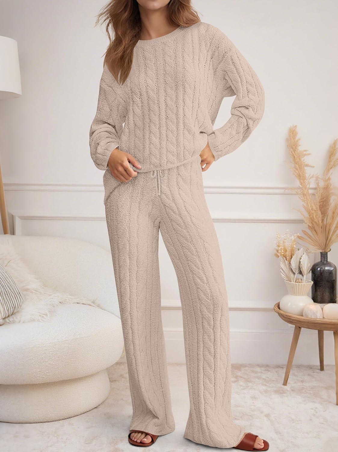 imageANRABESS Womens Fuzzy Fleece Pajama Set 2 Piece Outfits Lounge Knit Oversized Sweater Pj Sets 2025 Fall Winter LoungewearLight Khaki