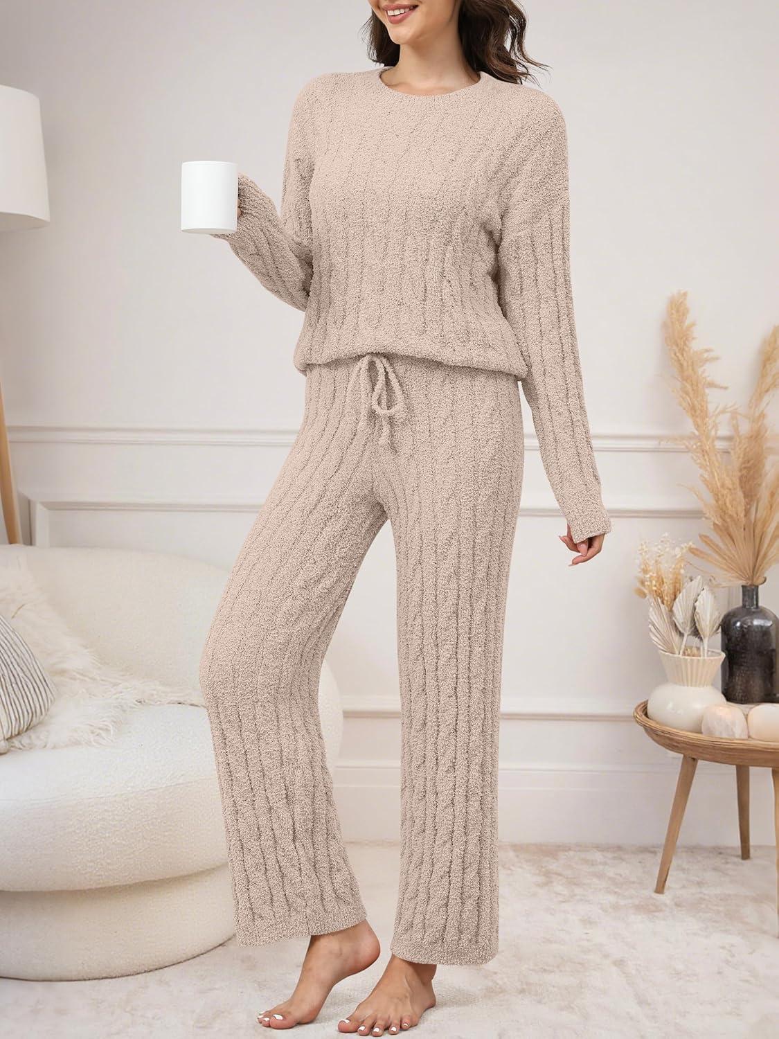imageANRABESS Womens Fuzzy Fleece Pajama Set 2 Piece Outfits Lounge Knit Oversized Sweater Pj Sets 2025 Fall Winter LoungewearLight Khaki