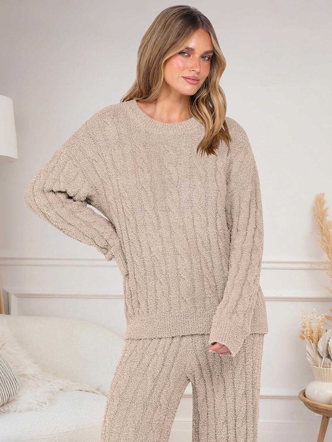 imageANRABESS Womens Fuzzy Fleece Pajama Set 2 Piece Outfits Lounge Knit Oversized Sweater Pj Sets 2025 Fall Winter LoungewearLight Khaki