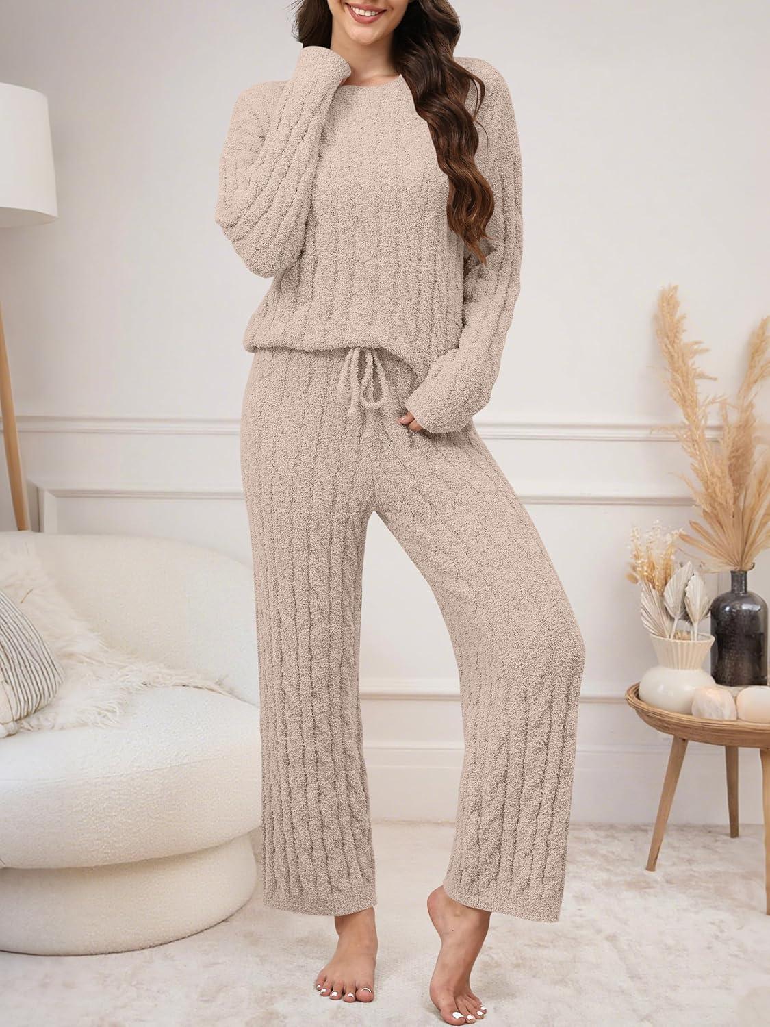 imageANRABESS Womens Fuzzy Fleece Pajama Set 2 Piece Outfits Lounge Knit Oversized Sweater Pj Sets 2025 Fall Winter LoungewearLight Khaki