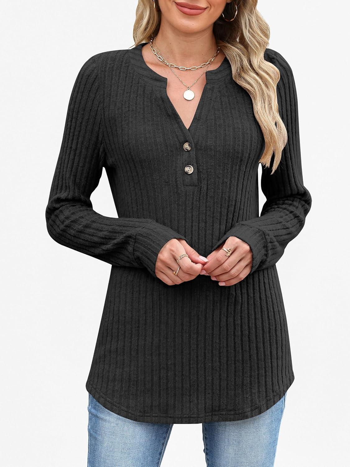 imageANRABESS Womens Henley Shirts Long Sleeve Tunic Tops 2025 Fall Fashion Outfits Ribbed Knit Sweaters Ladies Casual ClothesBlack