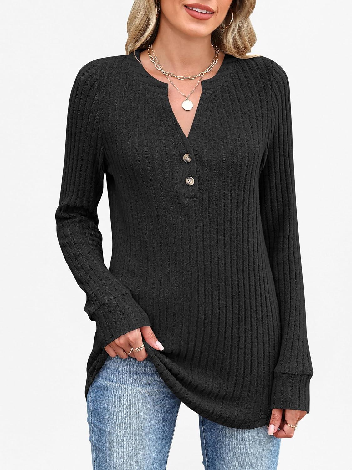 imageANRABESS Womens Henley Shirts Long Sleeve Tunic Tops 2025 Fall Fashion Outfits Ribbed Knit Sweaters Ladies Casual ClothesBlack