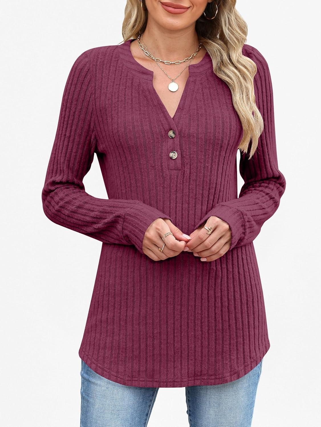 imageANRABESS Womens Henley Shirts Long Sleeve Tunic Tops 2025 Fall Fashion Outfits Ribbed Knit Sweaters Ladies Casual ClothesBurgundy