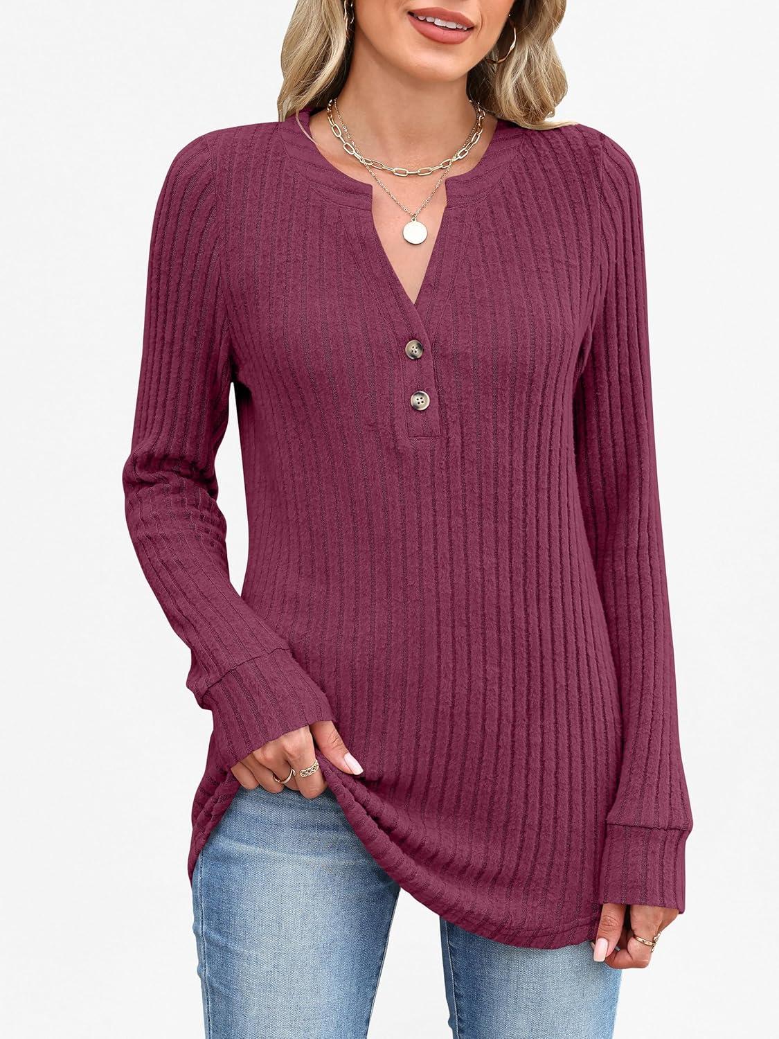 imageANRABESS Womens Henley Shirts Long Sleeve Tunic Tops 2025 Fall Fashion Outfits Ribbed Knit Sweaters Ladies Casual ClothesBurgundy