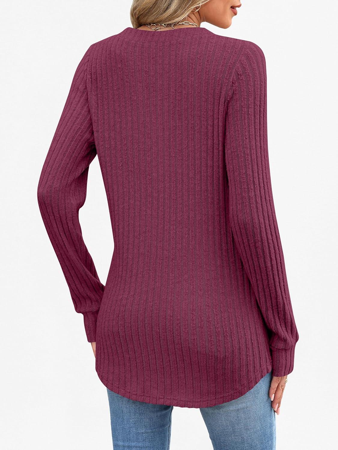 imageANRABESS Womens Henley Shirts Long Sleeve Tunic Tops 2025 Fall Fashion Outfits Ribbed Knit Sweaters Ladies Casual ClothesBurgundy