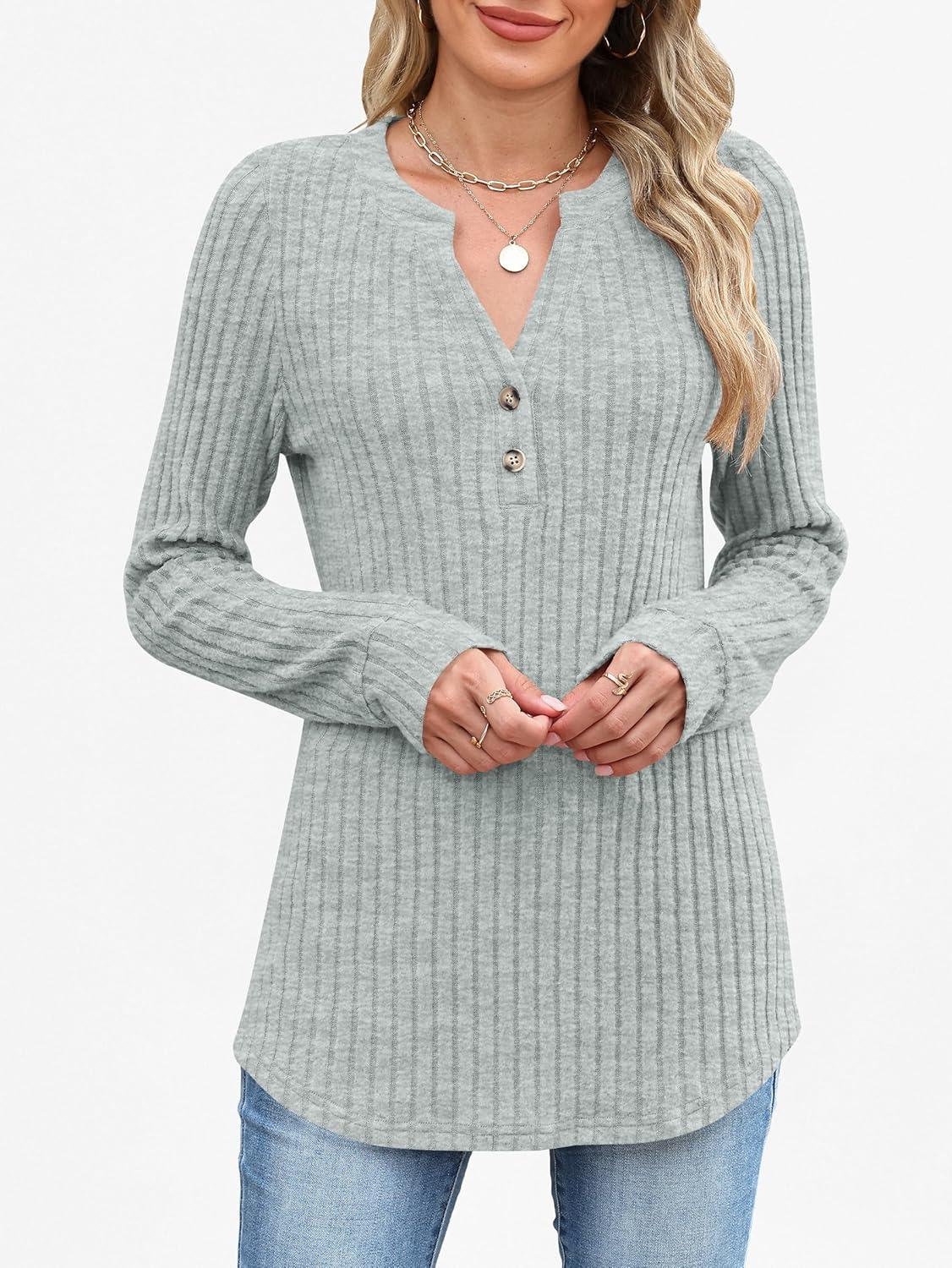 imageANRABESS Womens Henley Shirts Long Sleeve Tunic Tops 2025 Fall Fashion Outfits Ribbed Knit Sweaters Ladies Casual ClothesGreen