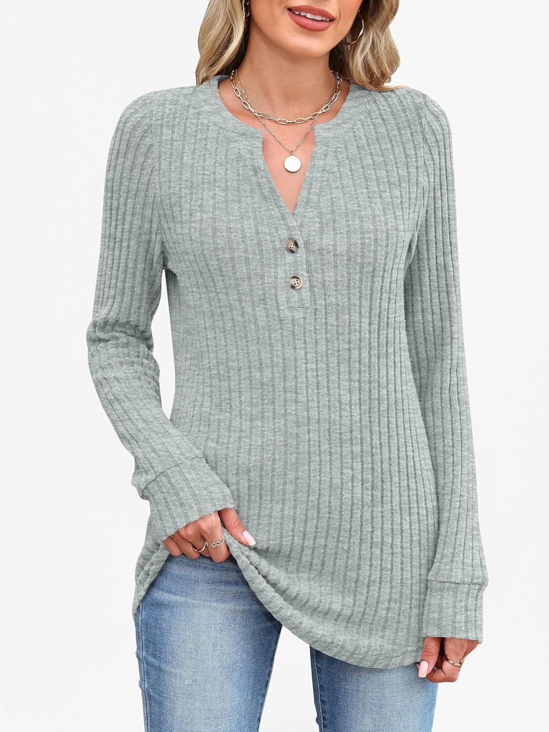 imageANRABESS Womens Henley Shirts Long Sleeve Tunic Tops 2025 Fall Fashion Outfits Ribbed Knit Sweaters Ladies Casual ClothesGreen