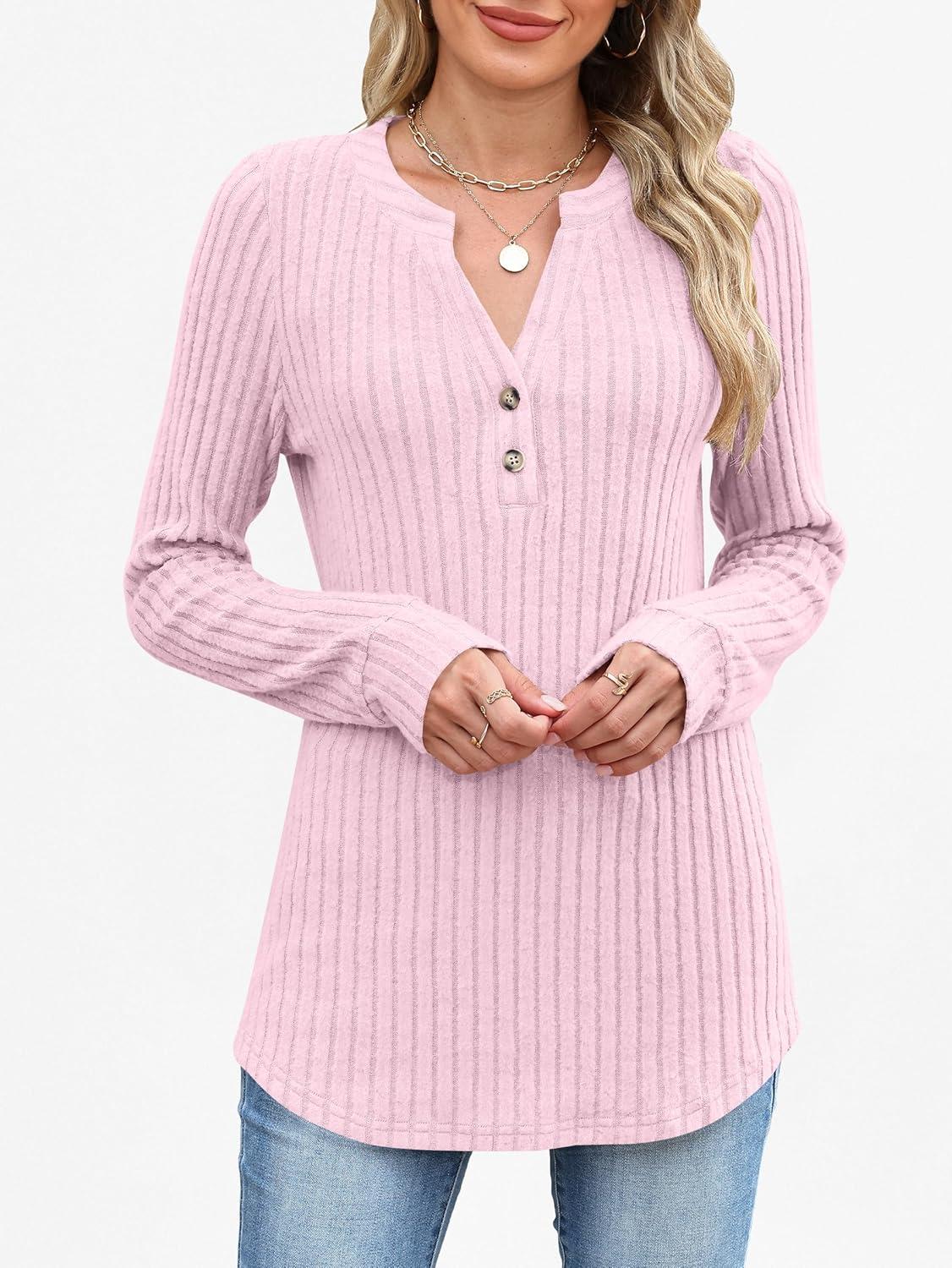 imageANRABESS Womens Henley Shirts Long Sleeve Tunic Tops 2025 Fall Fashion Outfits Ribbed Knit Sweaters Ladies Casual ClothesPink
